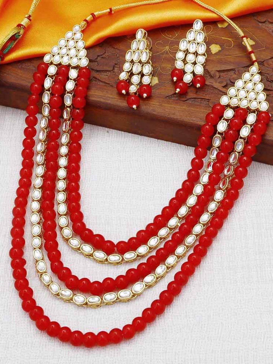 

Peora Traditional Gold-Plated Kundan Pearl Multi Layer Necklace & Earrings Jewellery Set, Red