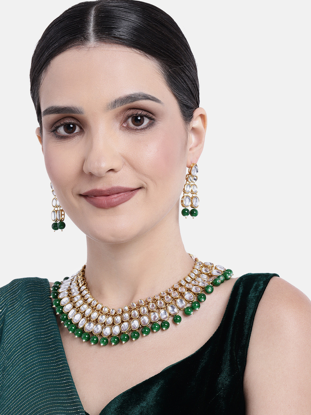 

Peora Gold-Plated Kundan Choker Necklace & Earrings Jewellery Set, Green