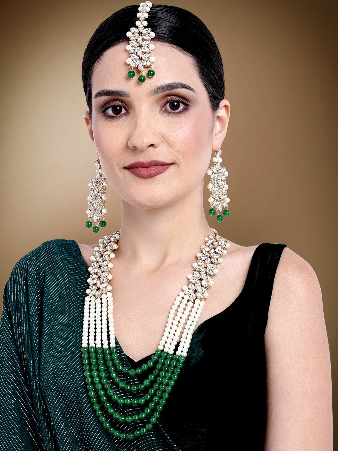 

Peora Gold-Plated Kundan Multi Layered Necklace & Earrings Jewellery Set, Green