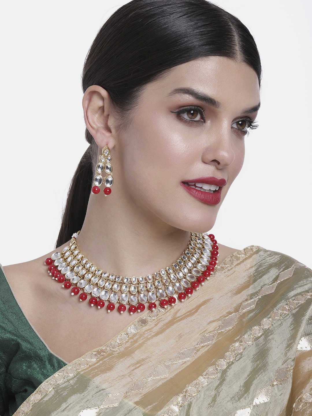 

Peora Gold Plated Red Jadau Pearl & Kundan Studded Choker Necklace & Earrings Set