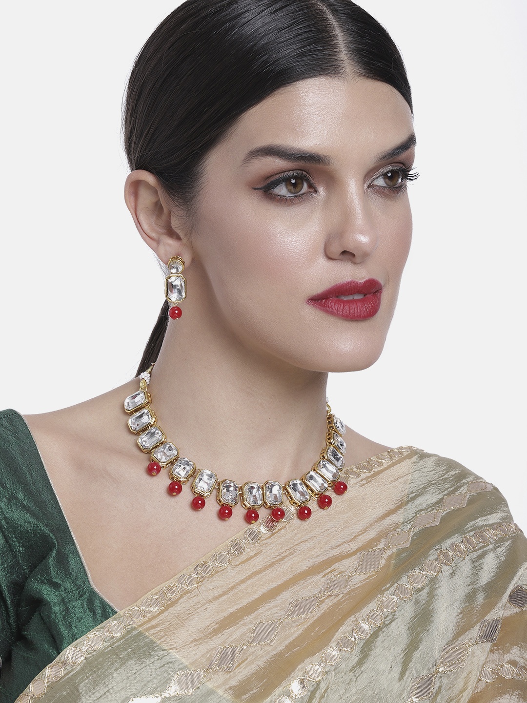 

Peora Red Crystal Faux Bead Studded Choker Necklace & Earring Set