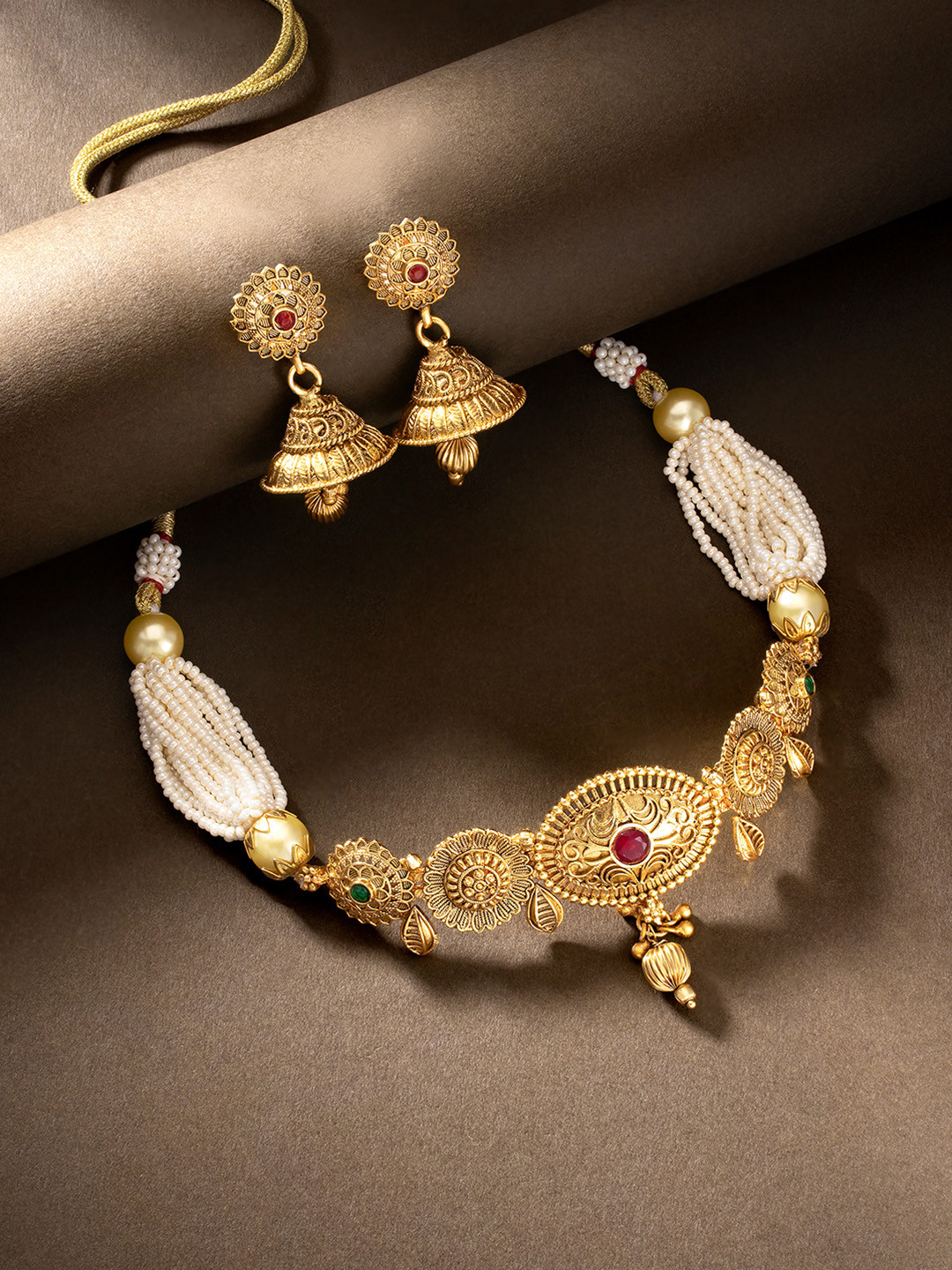 

Peora Gold Plated Beads & Stone Studded Choker Necklace & Jhumki Earring Set, Red