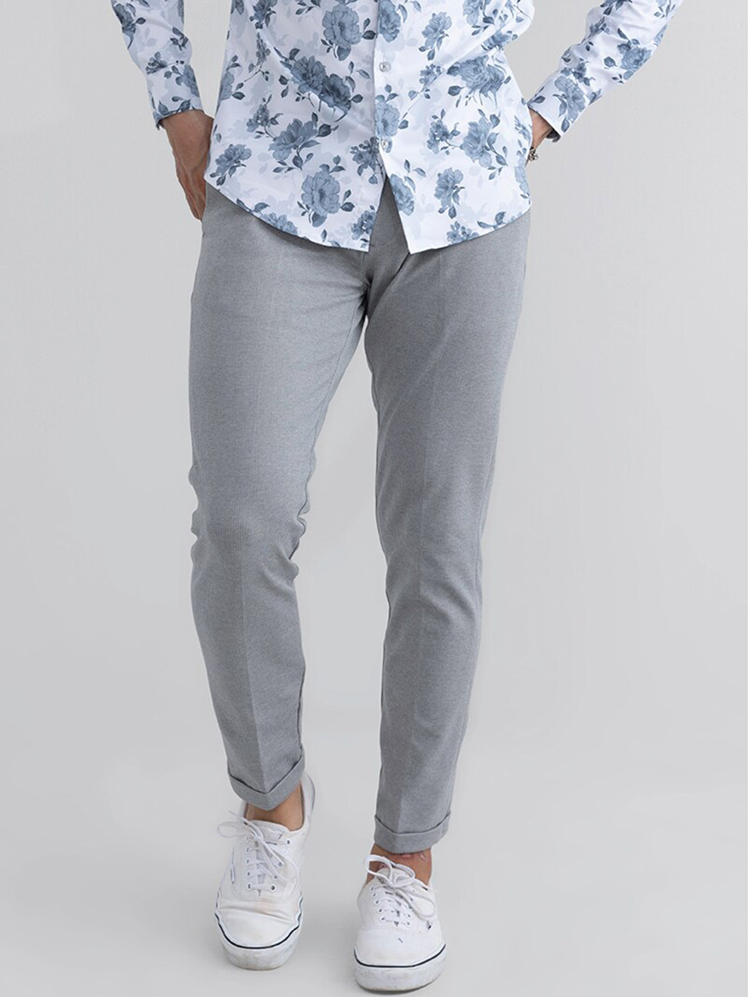 

Snitch Men Plain Slim Fit Trousers, Grey