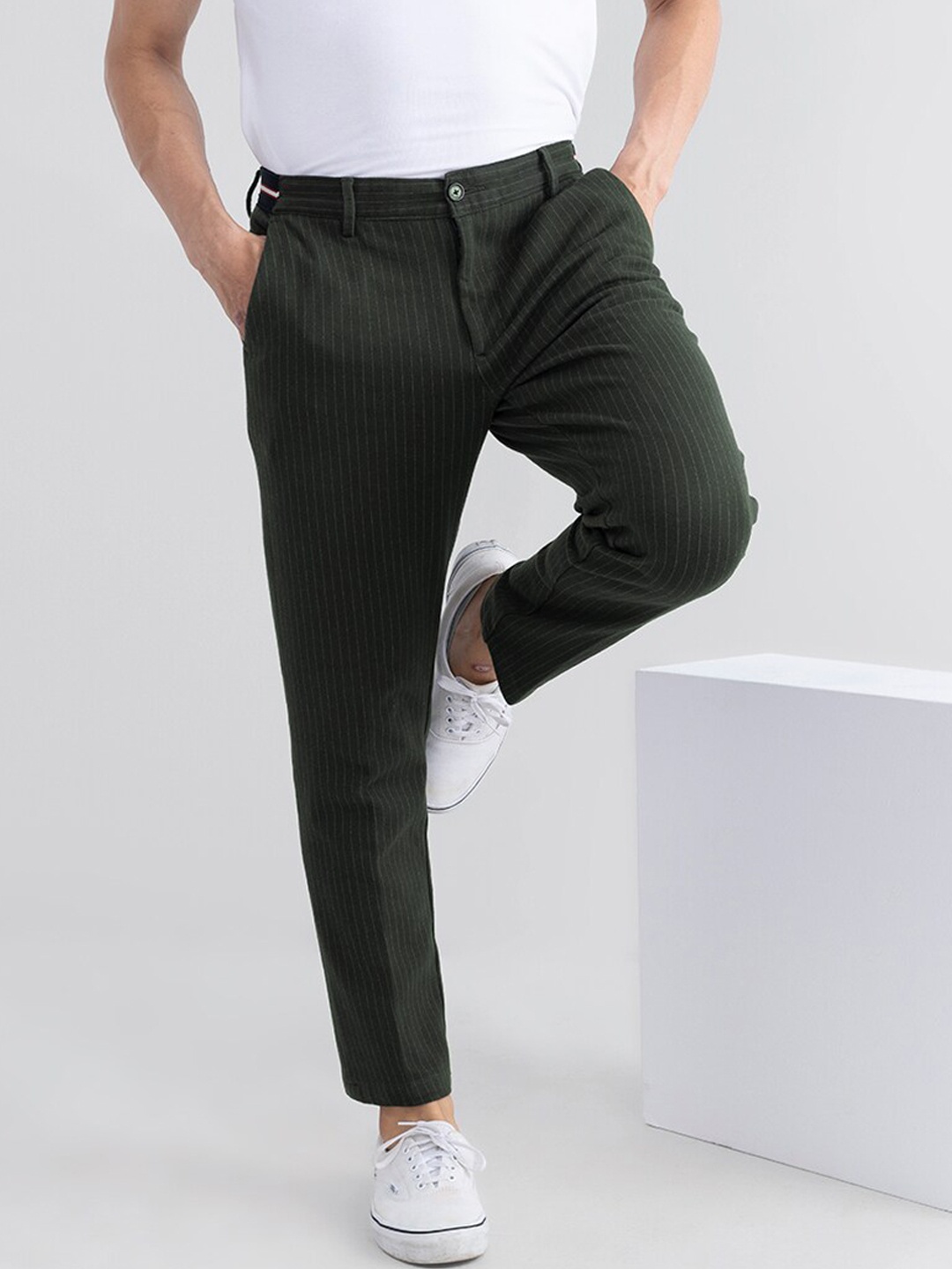 

Snitch Men Striped Slim Fit Trousers, Olive