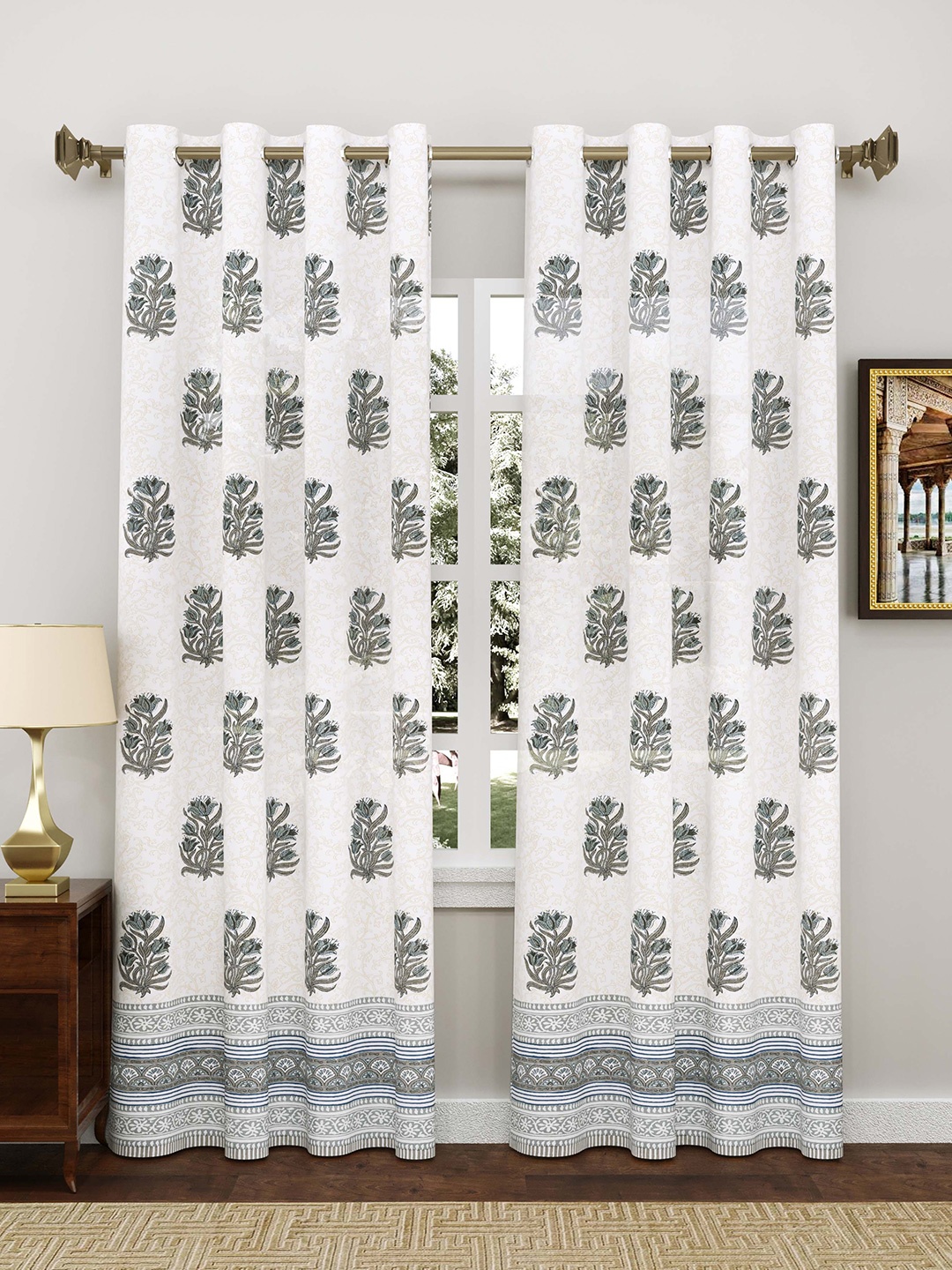 

BLOCKS OF INDIA White & Grey Set of 2 Floral Print Pure Cotton Door Curtains