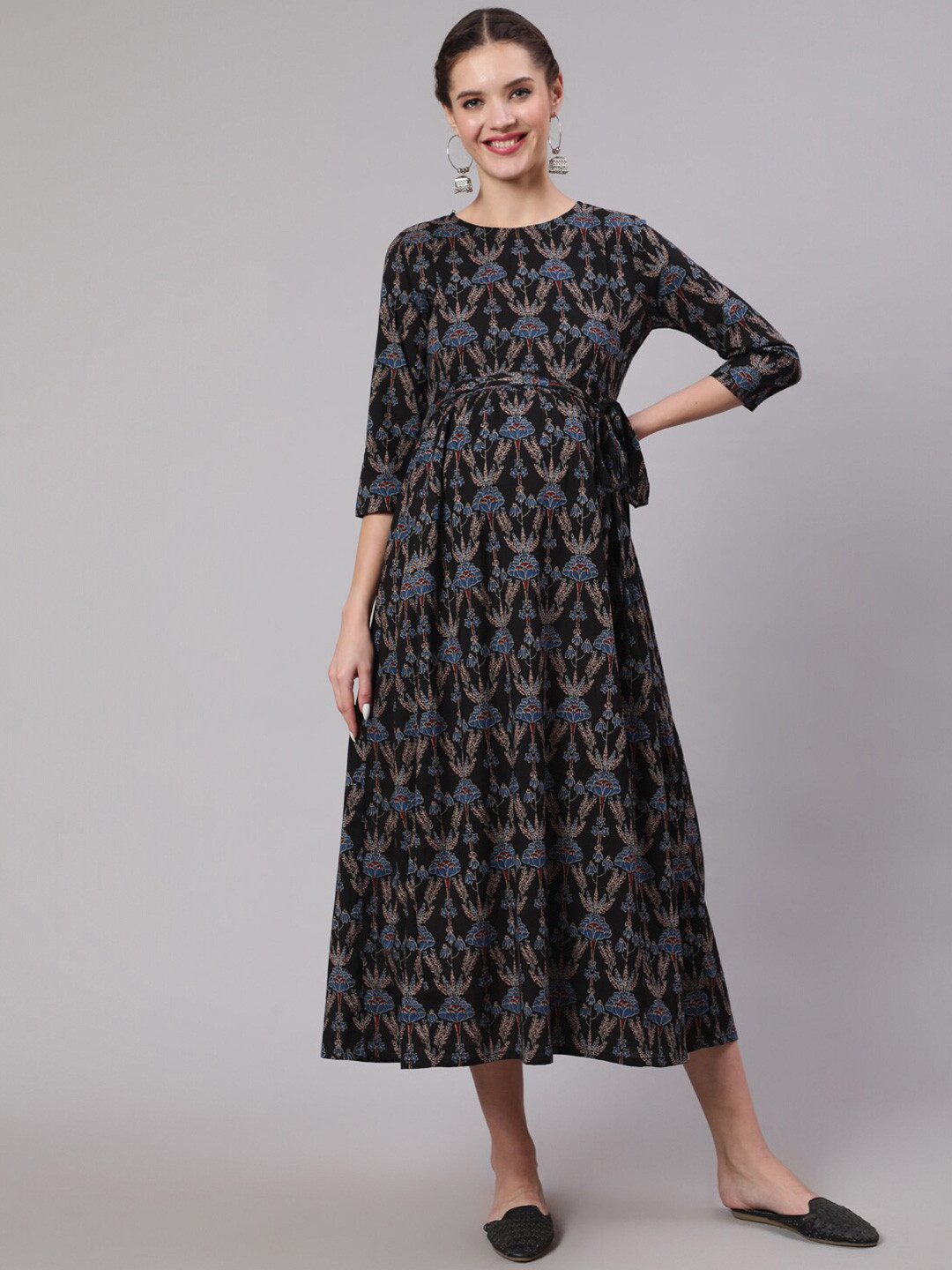 

Nayo Ethnic Motifs Maternity A-Line Midi Cotton Dress, Black