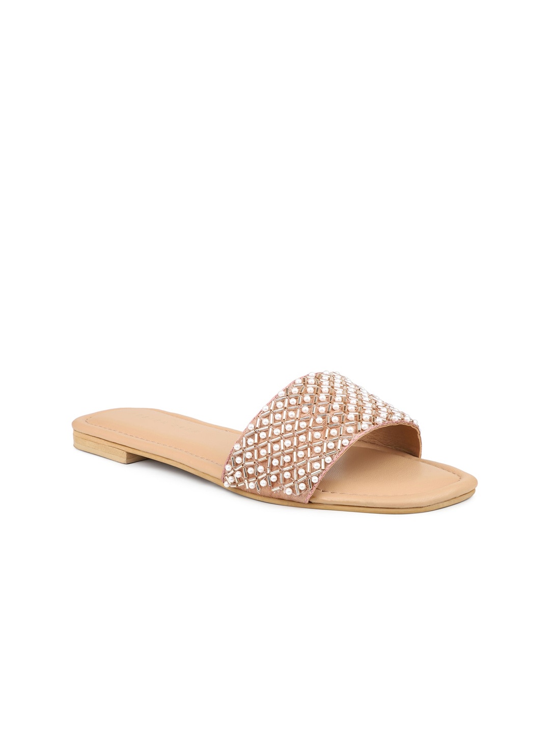 

DESIGN CREW Women Embellished Open Toe Flats, Rose gold
