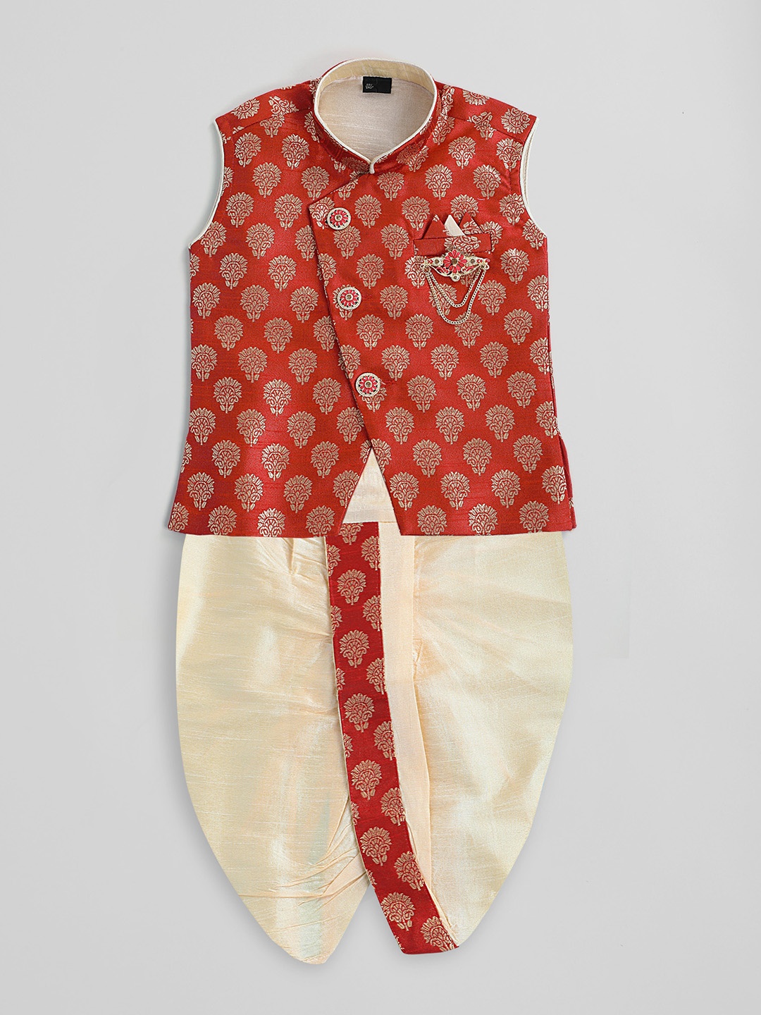 

KIDS FARM Sleeveless Silk Ethnic Motifs Kurta & Dhoti Set, Red