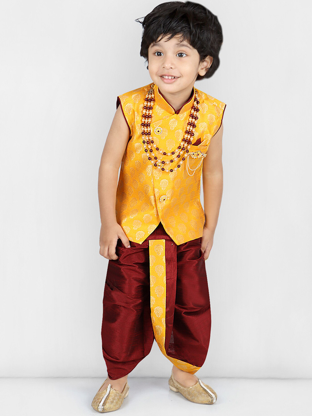 

KIDS FARM Boys Ethnic Motifs Woven Design Kurta with Dhoti Pants and Mala, Yellow