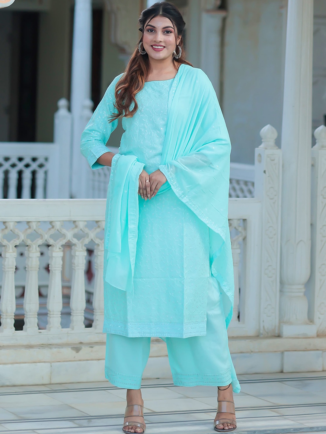 

Ramas Women Ethnic Motifs Embroidered Sequinned Kurta with Palazzos & With Dupatta, Turquoise blue