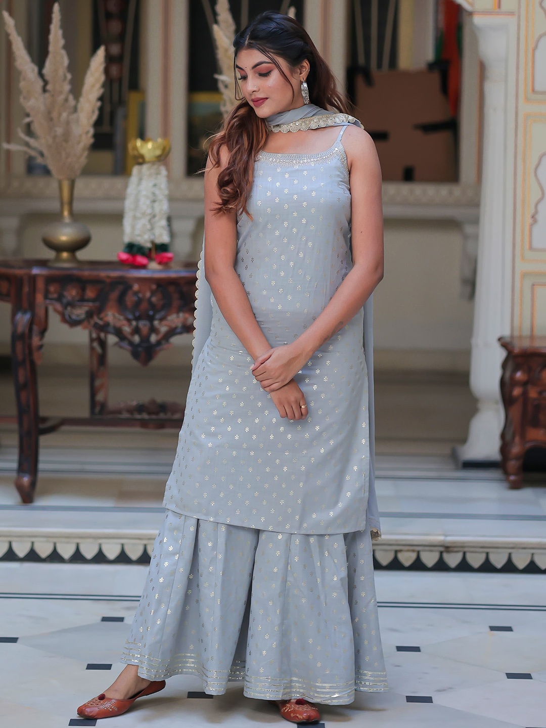 

Ramas Women Ethnic Motifs Printed Pure Cotton Kurta with Sharara & Dupatta, Grey