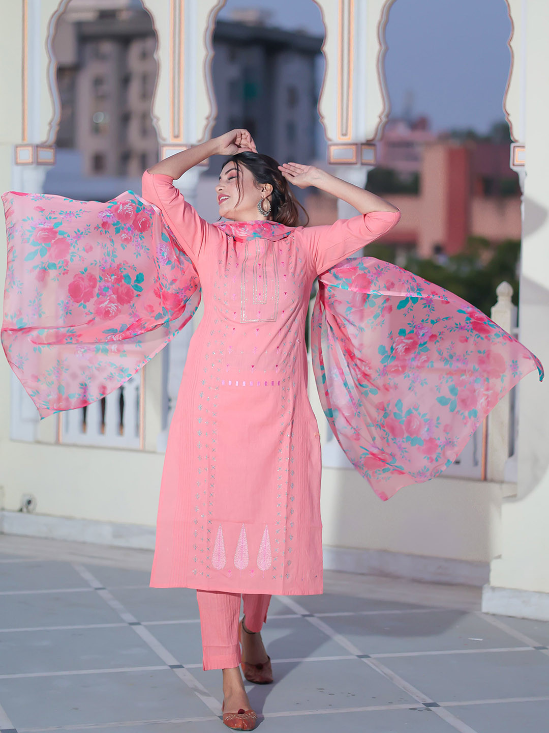 

Ramas Women Ethnic Embroidered Sequinned Pure Cotton Kurta with Trousers & Dupatta, Peach
