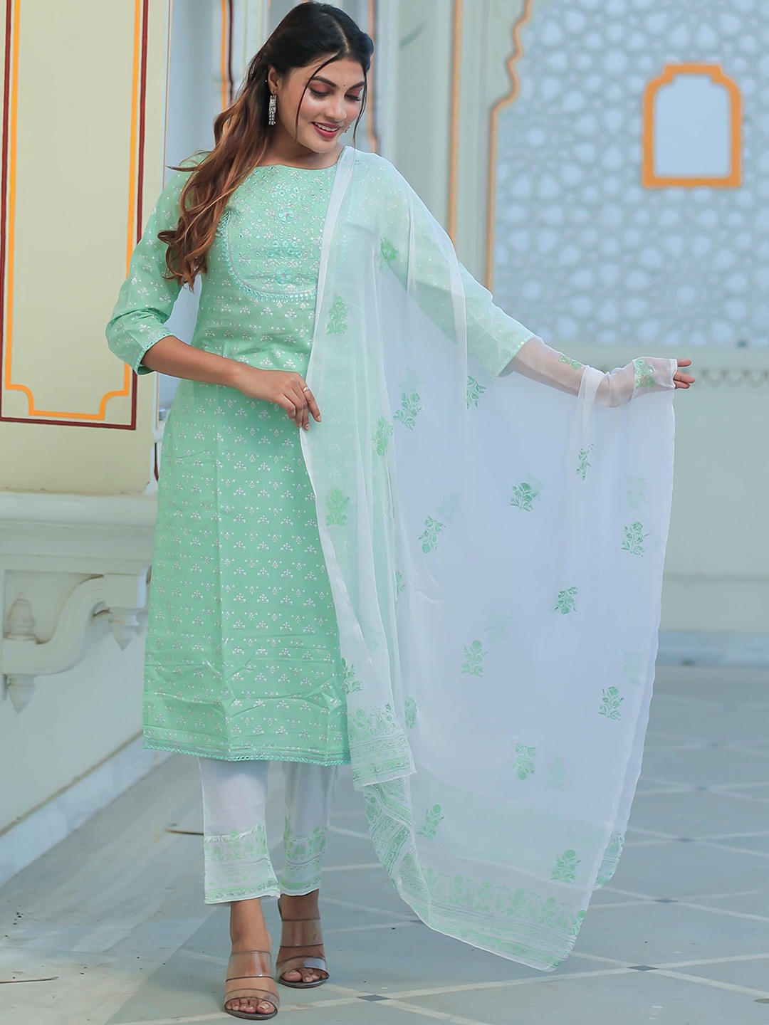 

Ramas Women Floral Embroidered Mirror Work Pure Cotton Kurta with Trousers & With Dupatta, Green