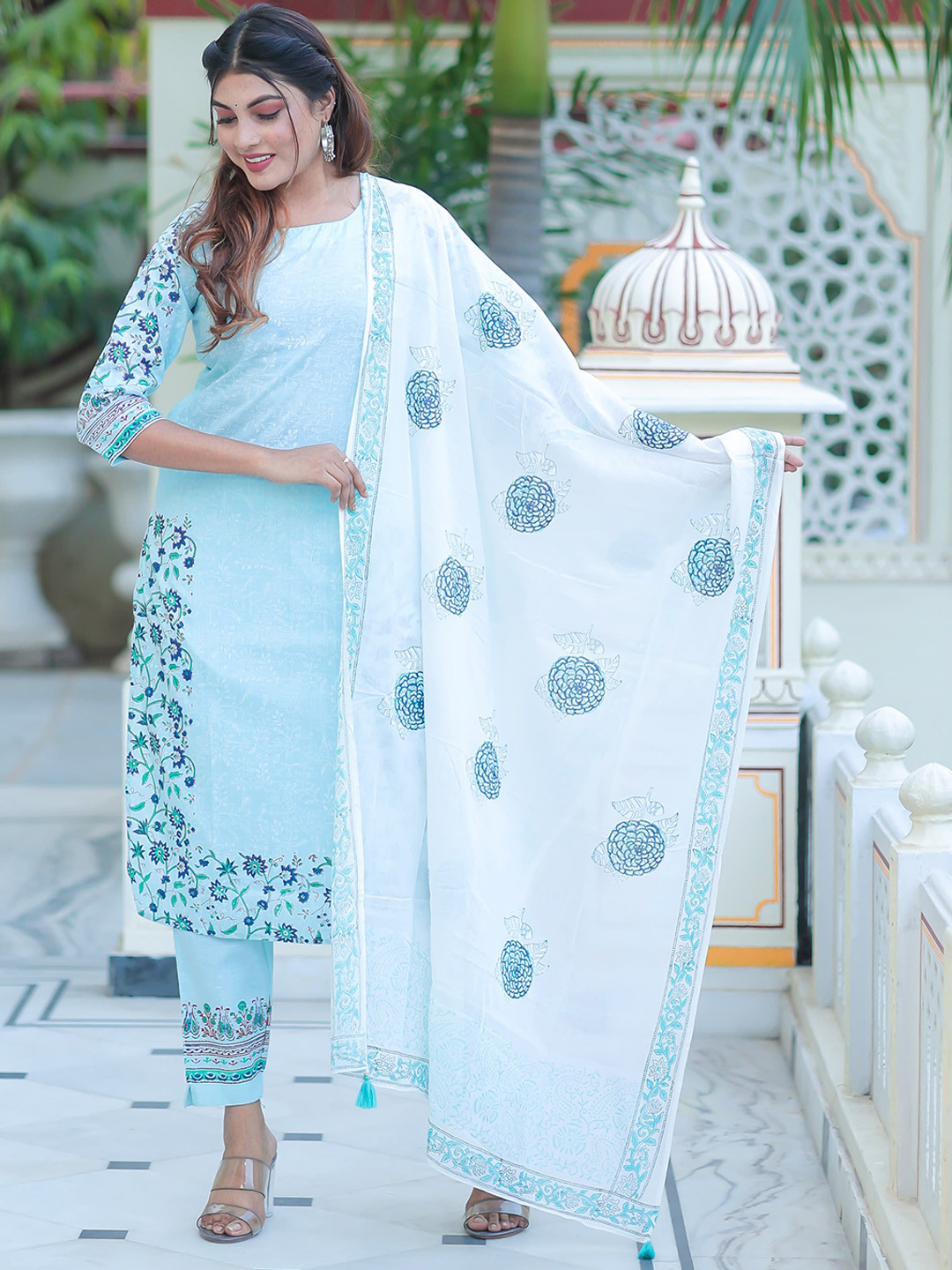 

Ramas Women Floral Printed Pure Cotton Kurta with Trousers & With Dupatta, Turquoise blue
