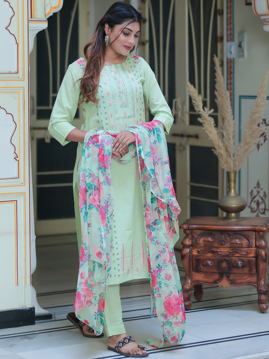 

Ramas Women Embroidered Sequinned Pure Cotton Kurta with Trousers & With Dupatta, Green