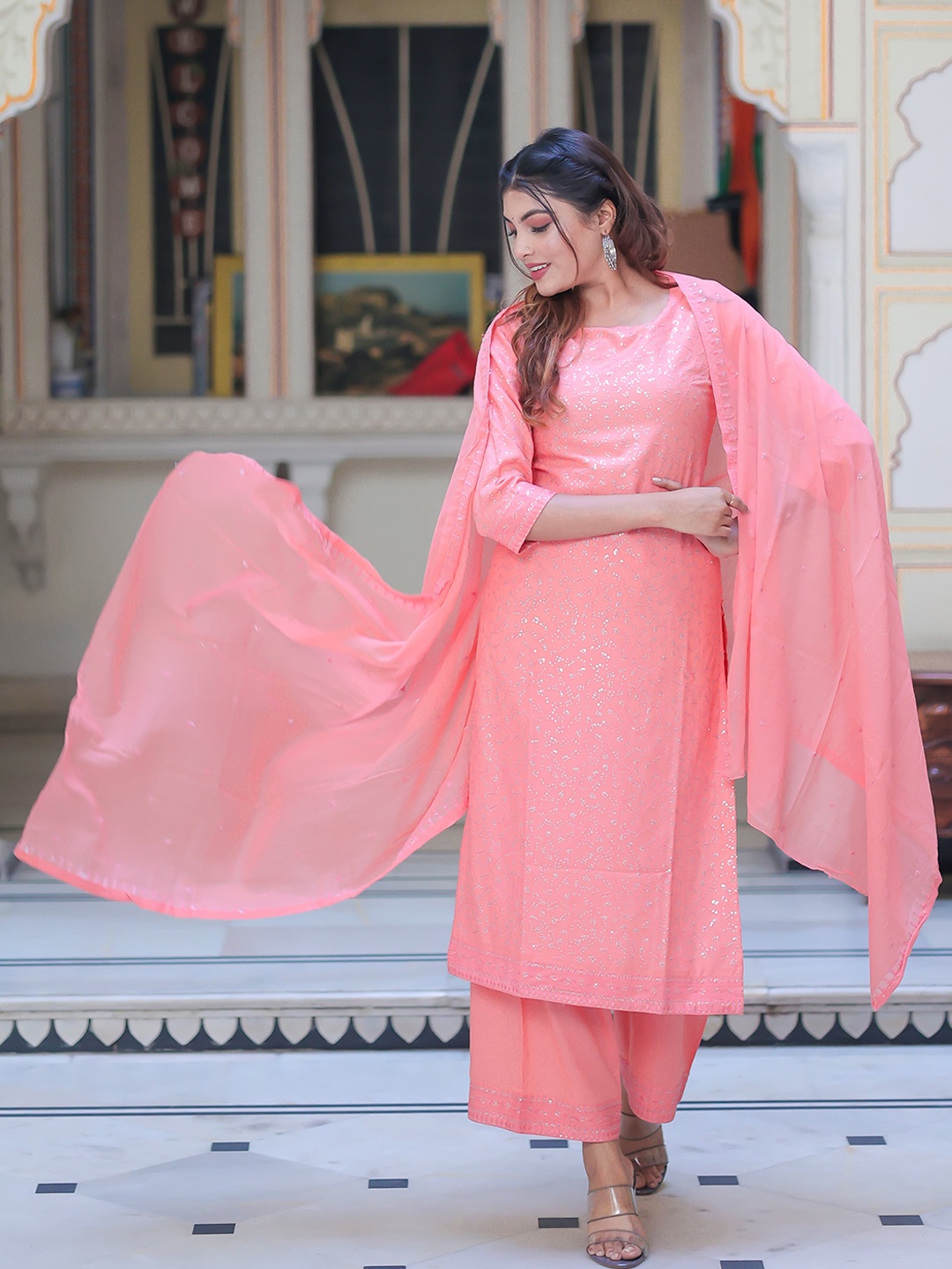 

Ramas Women Embroidered Sequinned Kurta with Palazzos & With Dupatta, Peach