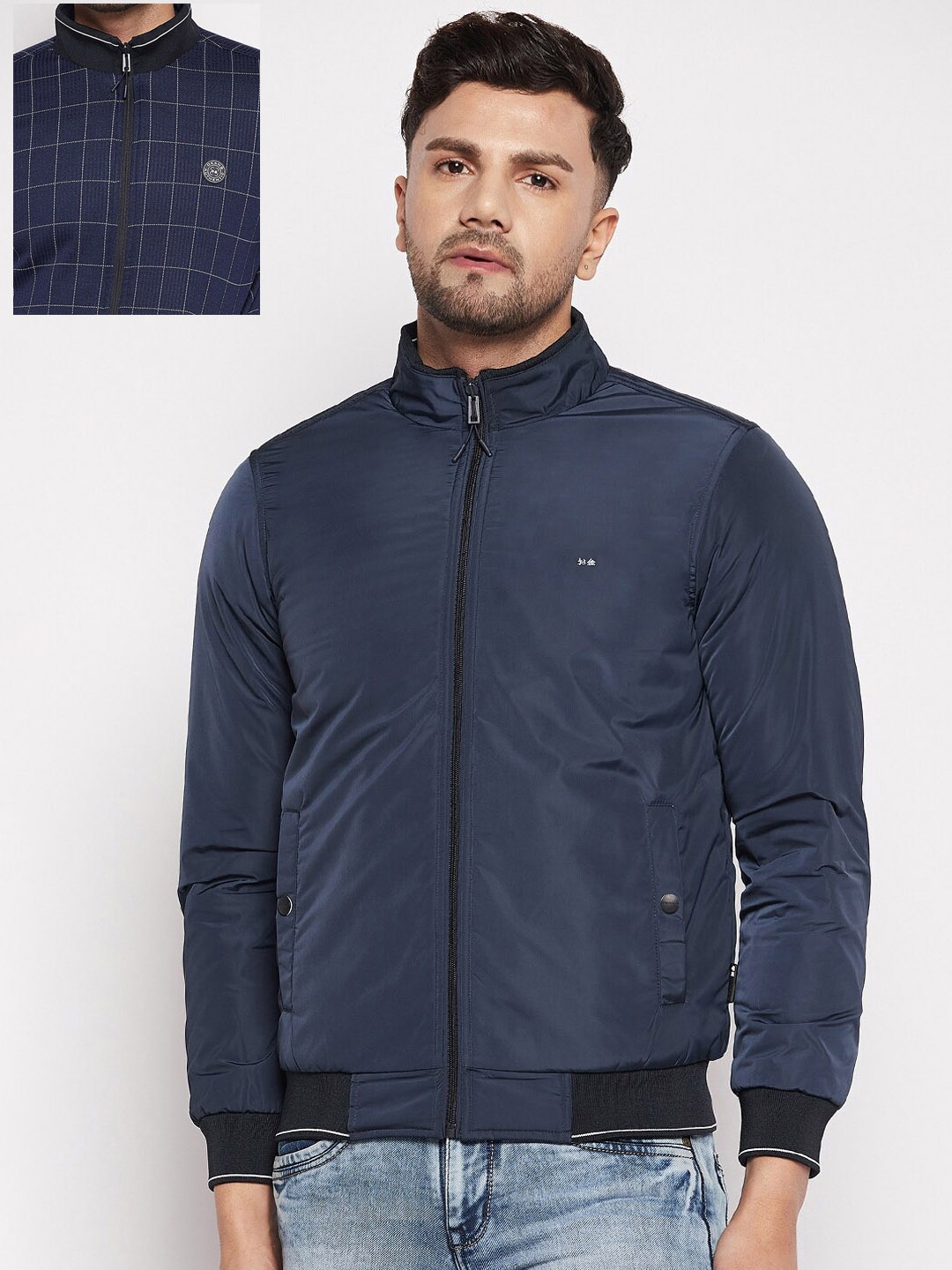

Okane Men Checked Reversible Bomber Jacket, Navy blue