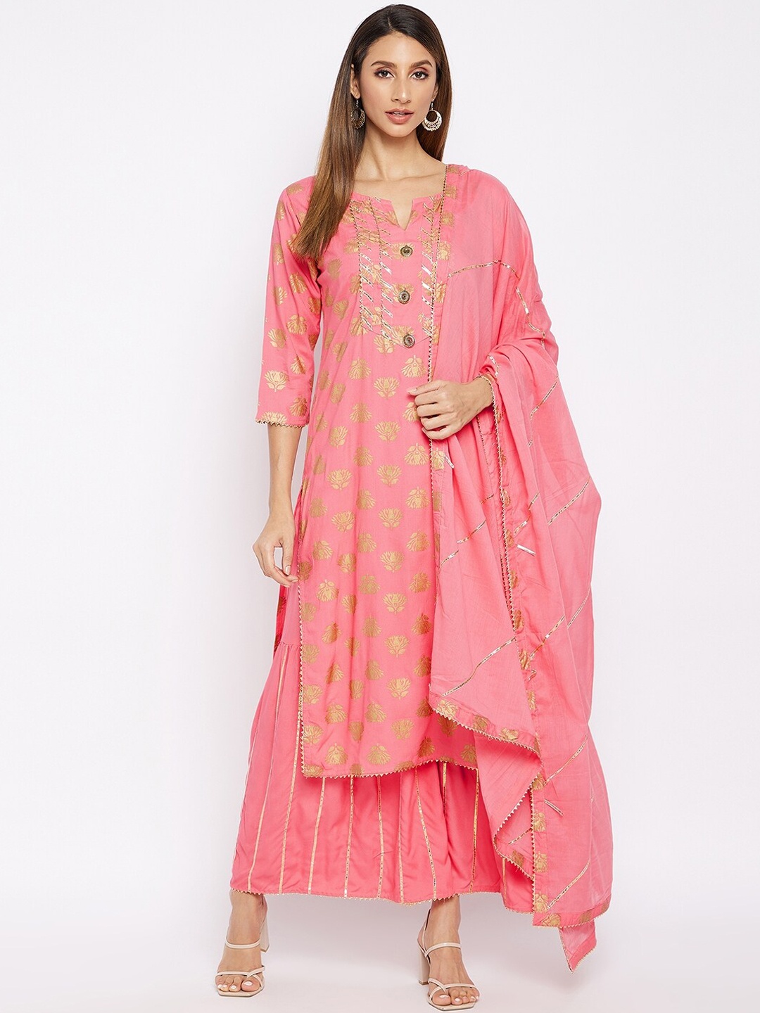 

Prakhya Women Floral Printed Gotta Patti Kurta with Sharara & Dupatta, Pink