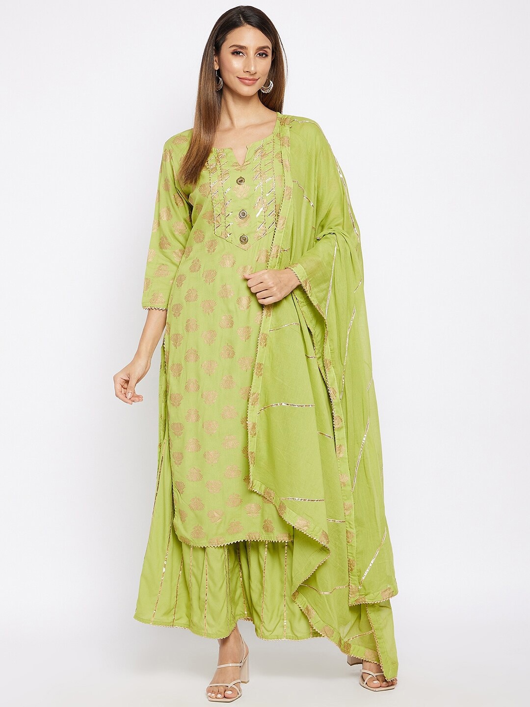 

Prakhya Women Floral Printed Gotta Patti Kurta with Sharara & Dupatta, Green