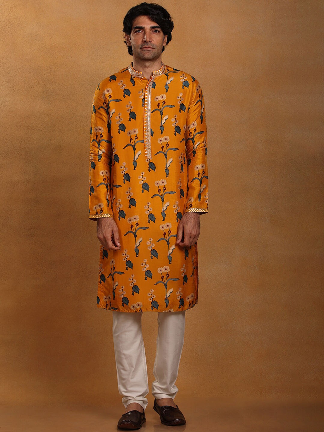 

Masaba Mandarin Collar Floral Printed Straight Fit Raw Silk Kurta, Mustard