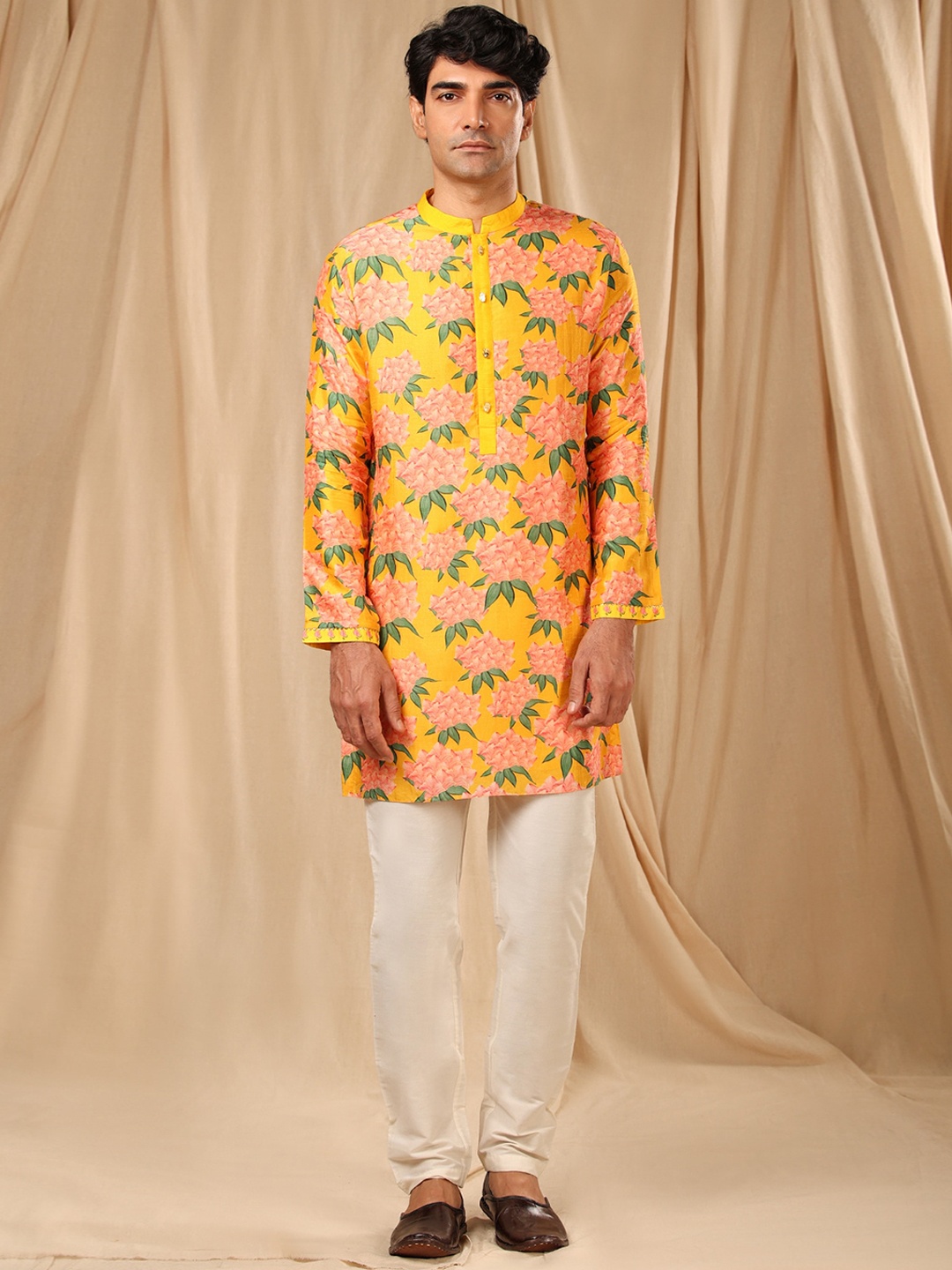 

Masaba Floral Printed Straight Regular Raw Silk Kurta, Yellow