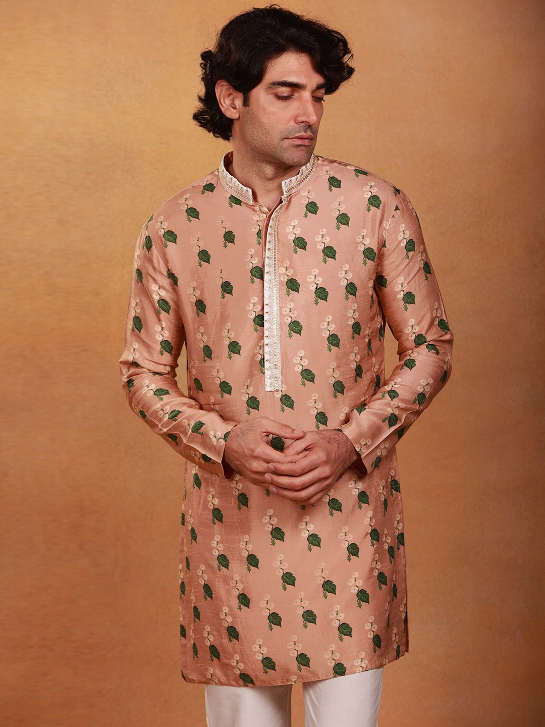 

Masaba Men Floral Printed Mandarin Collar Raw Silk Kurta, Beige