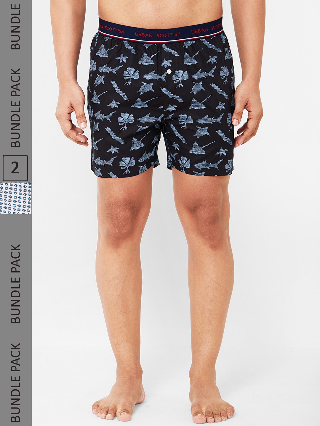 

URBAN SCOTTISH Men Pack Of 2 Printed Pure Cotton Boxers, Black