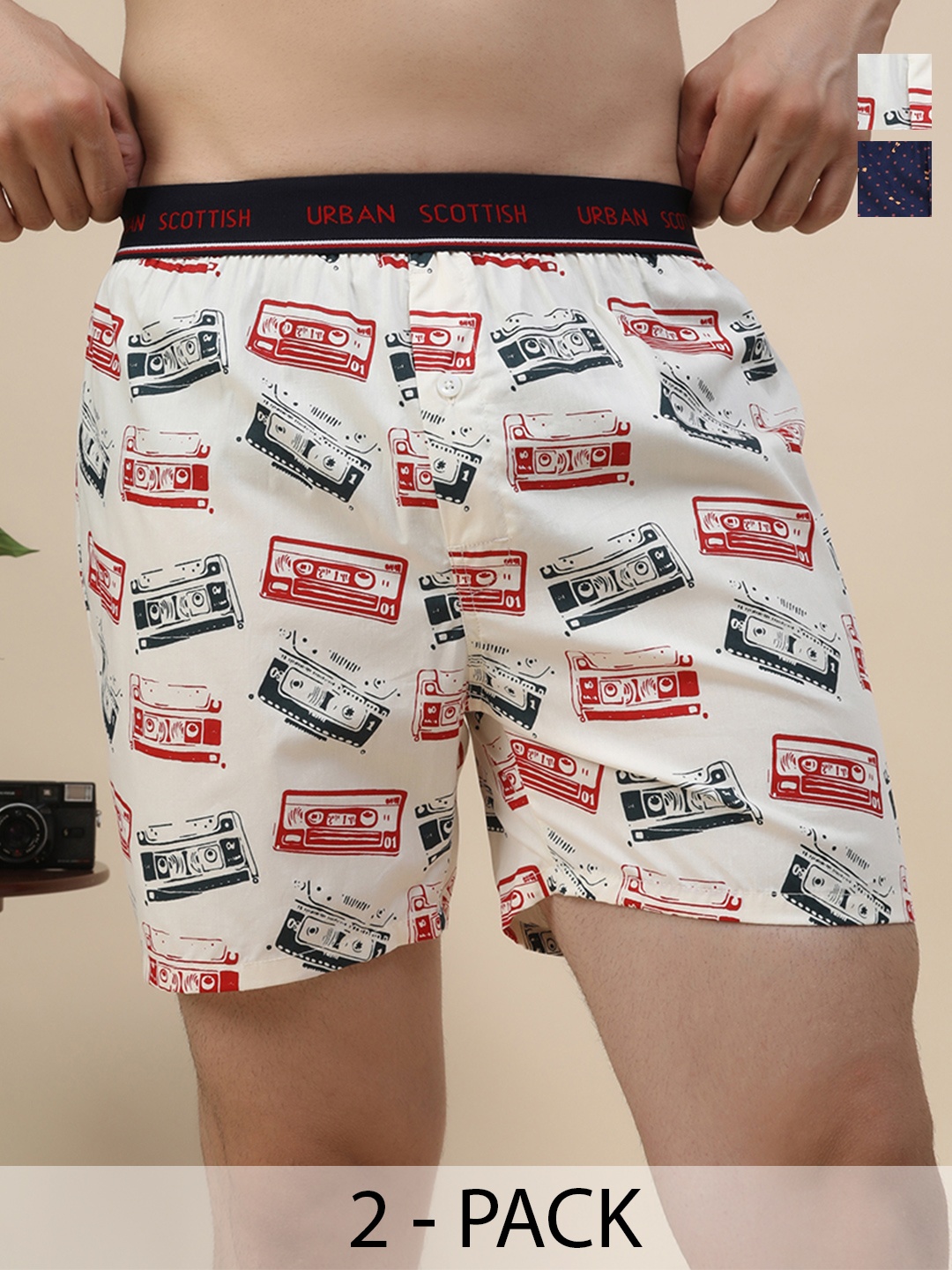 

URBAN SCOTTISH Men Pack Of 2 Printed Pure Cotton Boxers New_USBX2033, Navy blue