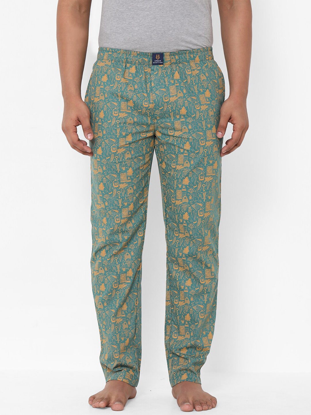

URBAN SCOTTISH Men Printed Pure Cotton Lounge Pants, Green