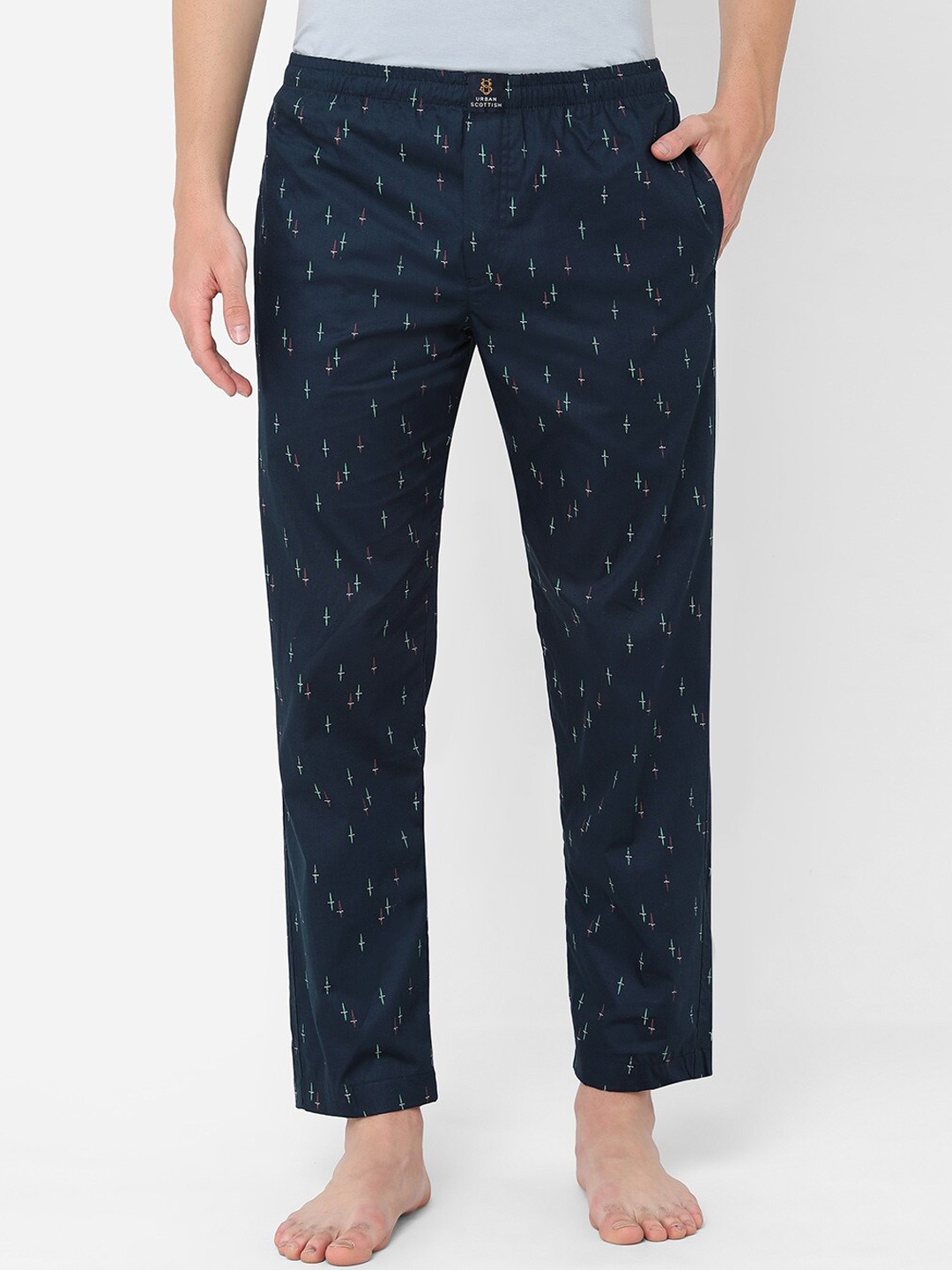 

URBAN SCOTTISH Men Printed Pure Cotton Lounge Pants, Navy blue