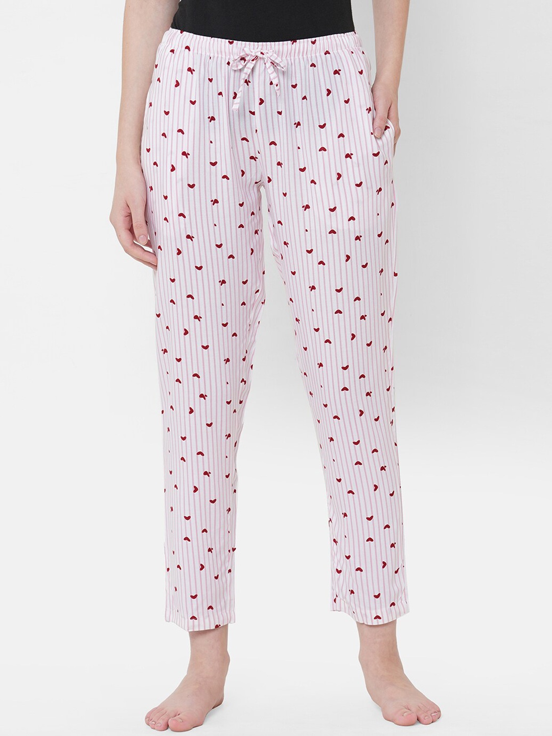 

URBAN SCOTTISH Women Striped & Heart Printed Lounge Pant, White