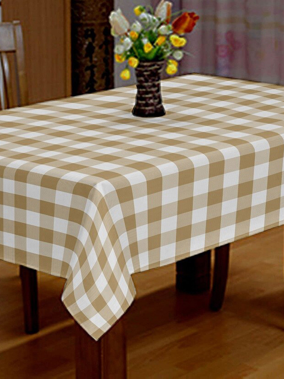 

Lushomes Beige & White Checked Rectangular 4 Seater Cotton Table Cloth