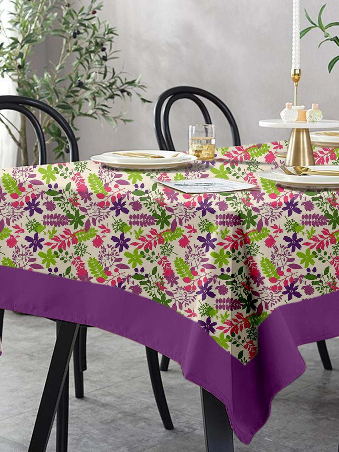 

Lushomes Purple & Pink Floral Printed 4 Seater Cotton Dining Table Cover