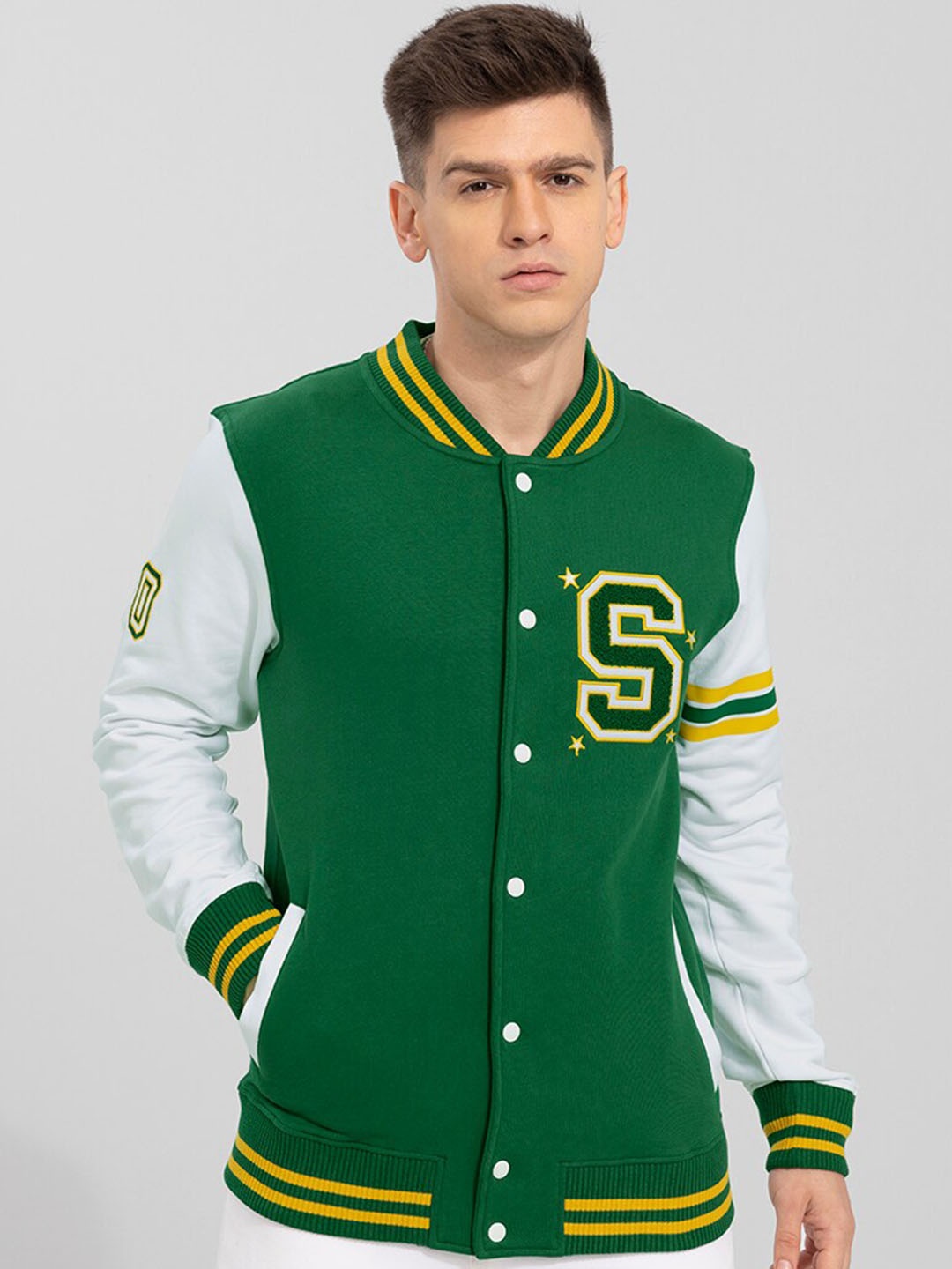 

Snitch Men Cotton Varsity Jacket, Green