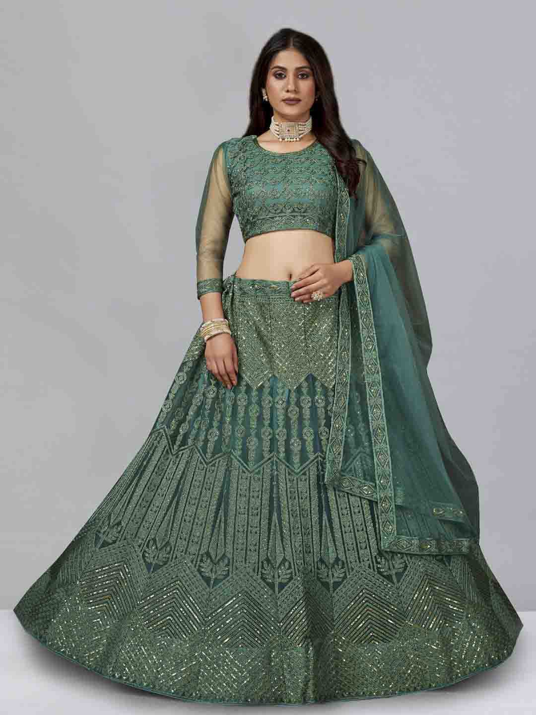 

Kvsfab Embroidered Sequinned Semi-Stitched Lehenga & Blouse With Dupatta, Green