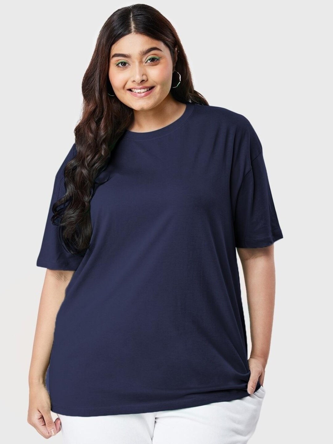 

Bewakoof Plus Women Drop-Shoulder Sleeves Pure Cotton Loose T-shirt, Blue