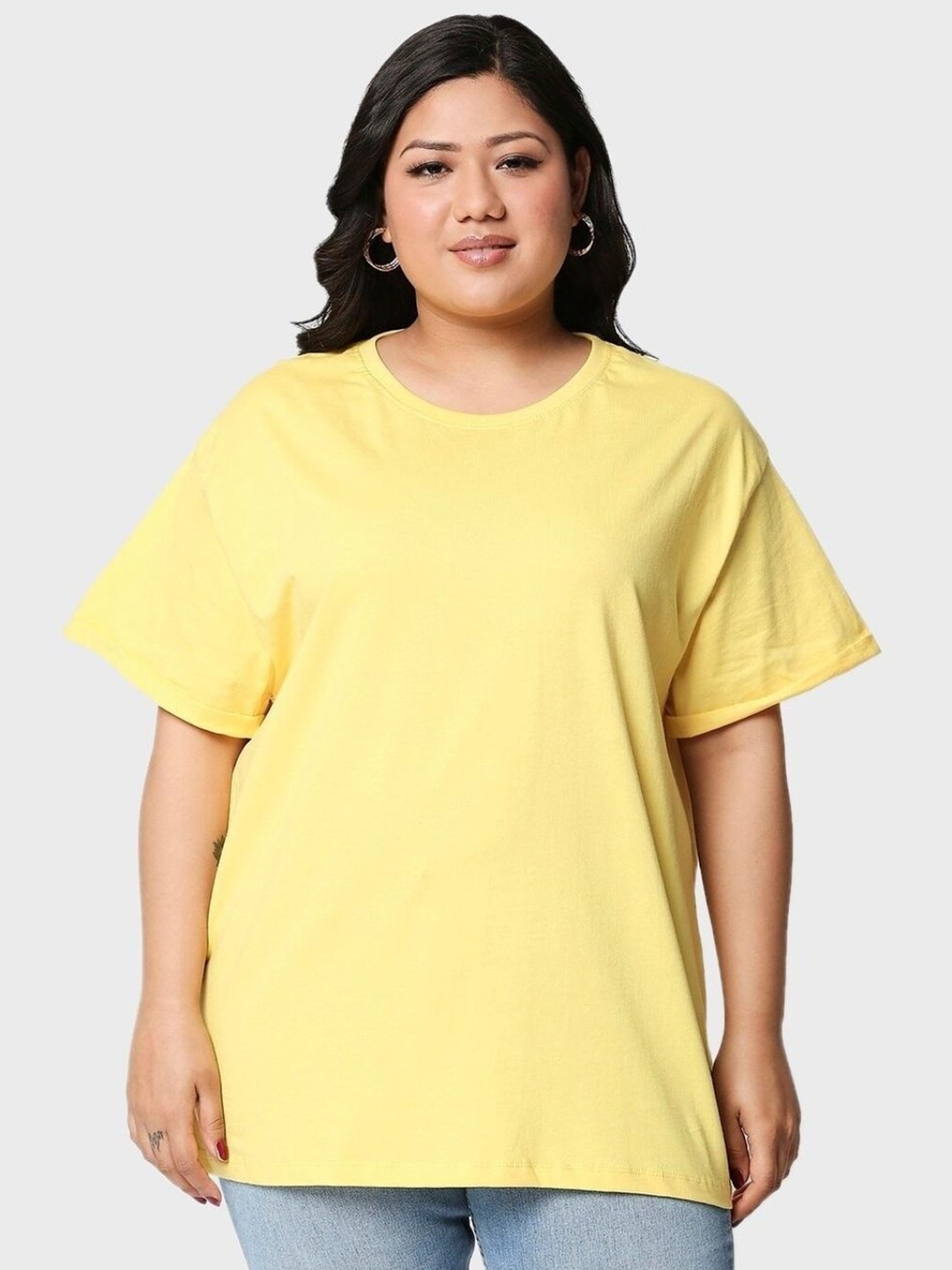 

Bewakoof Plus Women Plus Size Round Neck Pure Cotton Loose T-shirt, Yellow