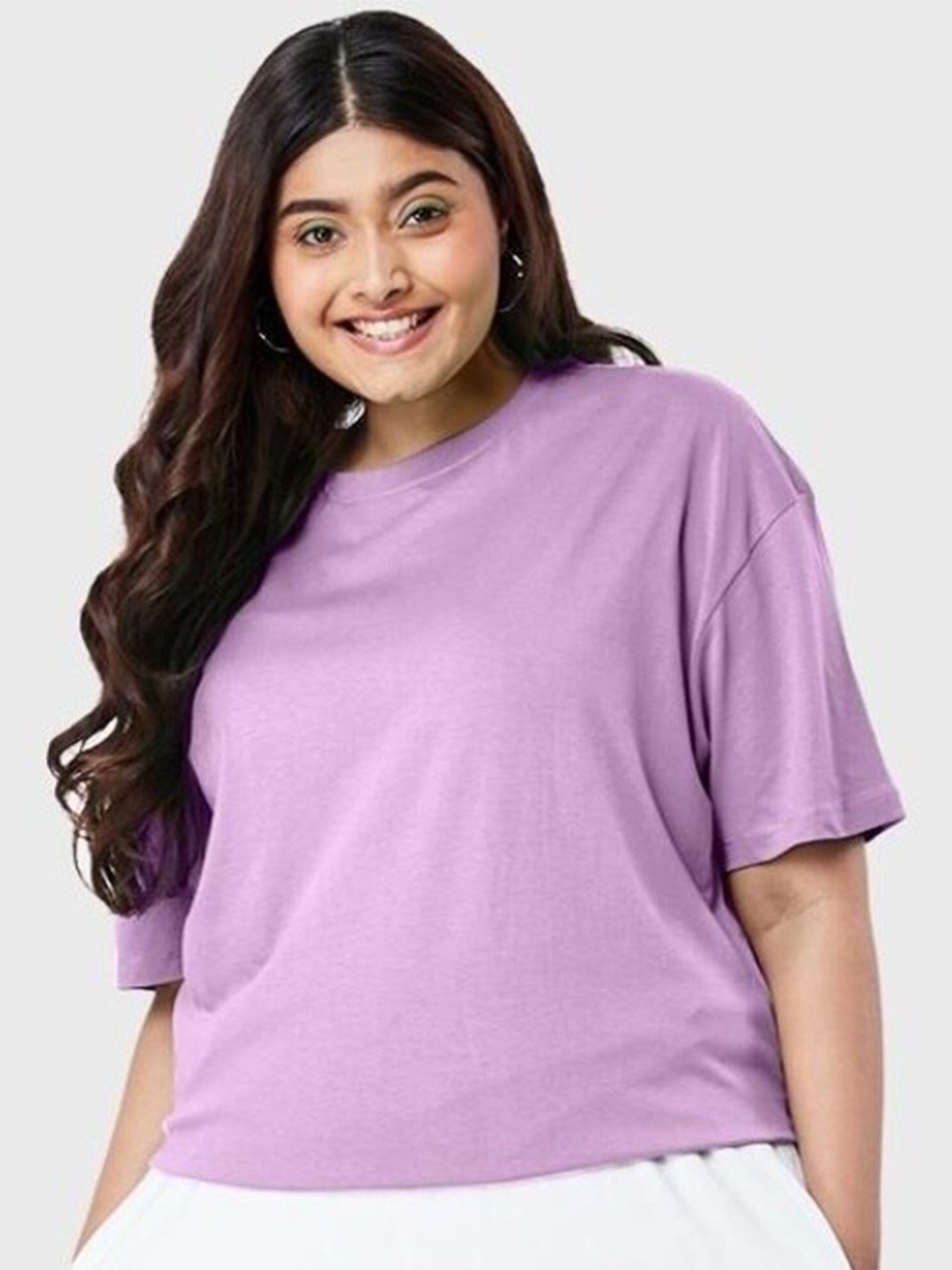 

Bewakoof Plus Women Plus Size Round Neck Pure Cotton Loose T-shirt, Purple
