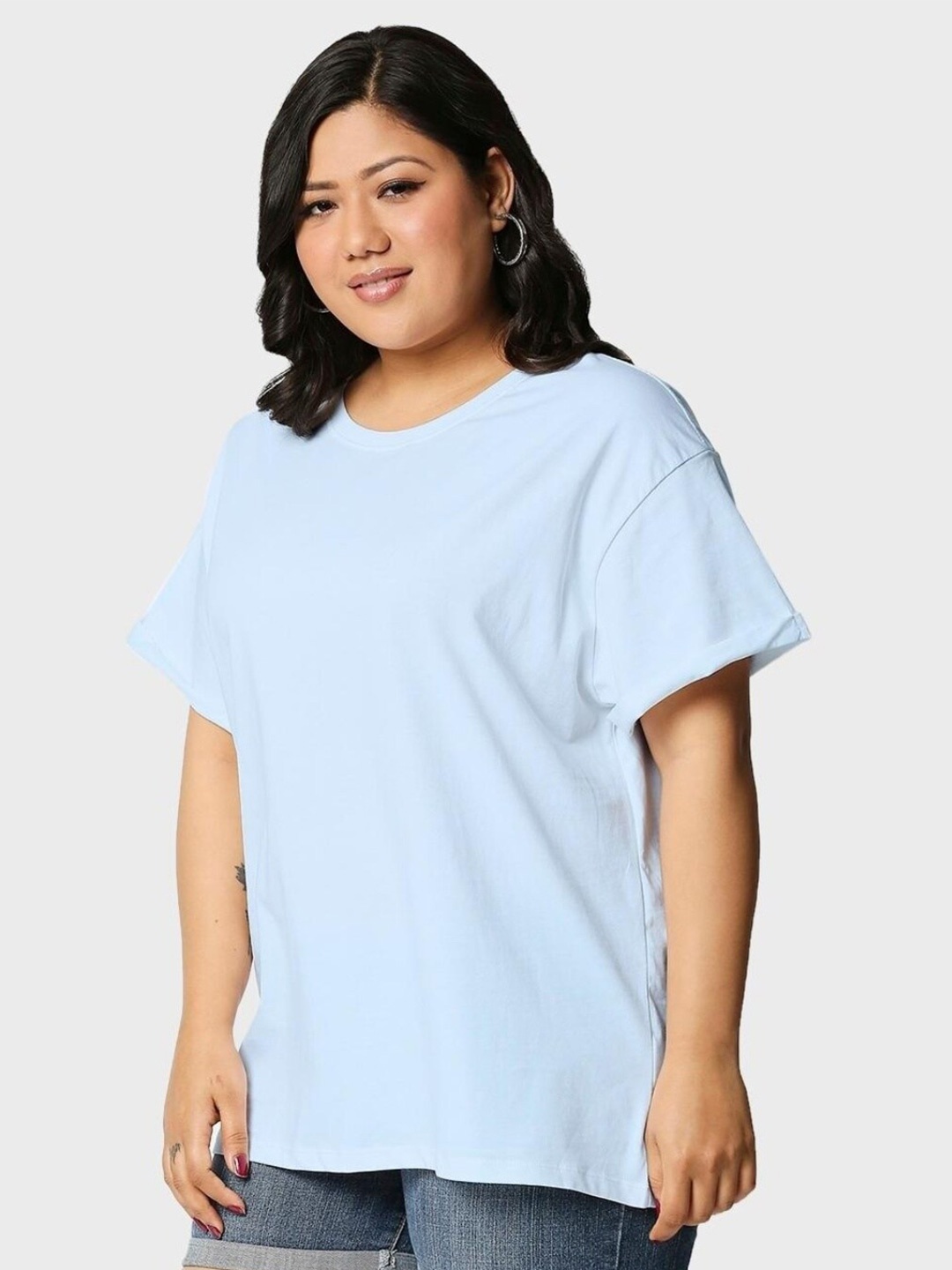 

Bewakoof Plus Women Plus Size Drop-Shoulder Sleeves Pure Cotton T-shirt, Blue