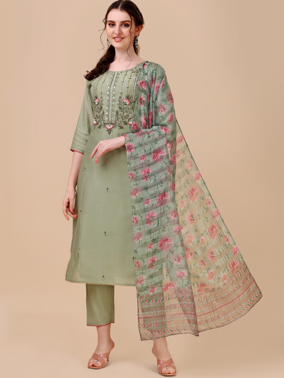 

Berrylicious Women Embroidered Beads and Stones Chanderi Cotton Kurta with Trousers & Dupatta, Green