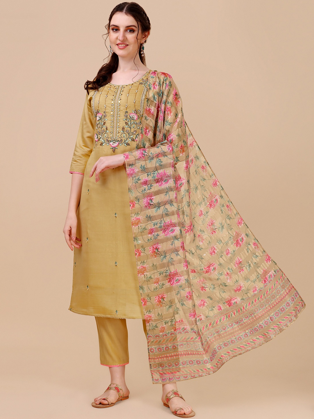 

Berrylicious Women Embroidered Beads and Stones Chanderi Cotton Kurta with Trousers & Dupatta, Yellow
