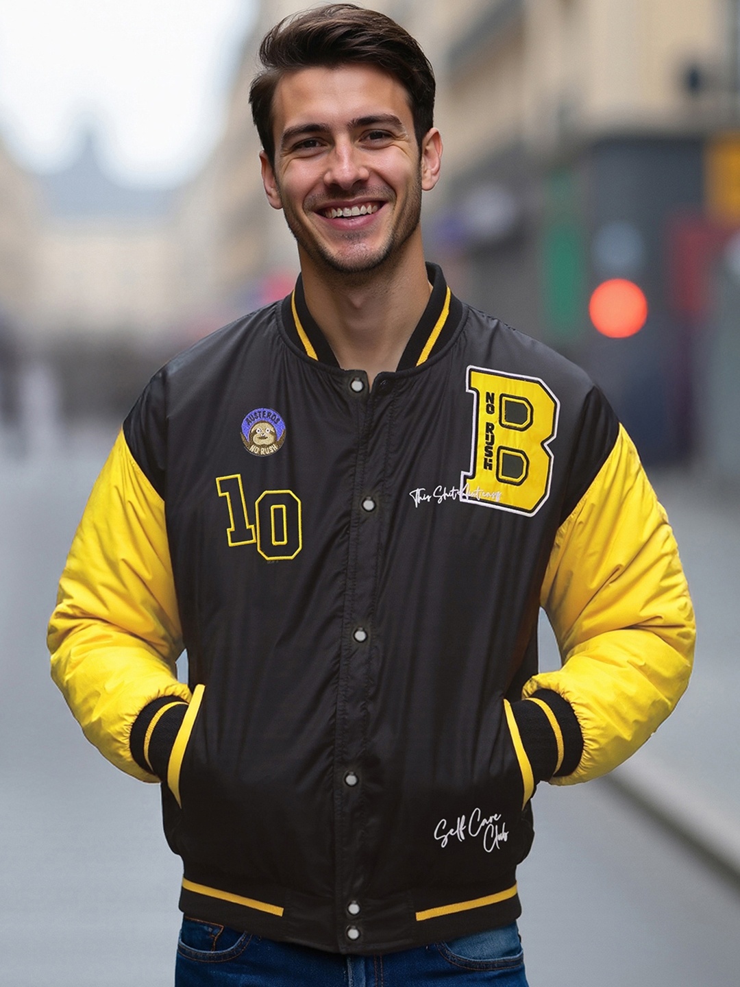 

Bewakoof Men Oversized Fit Varsity Jacket with Patchwork, Black