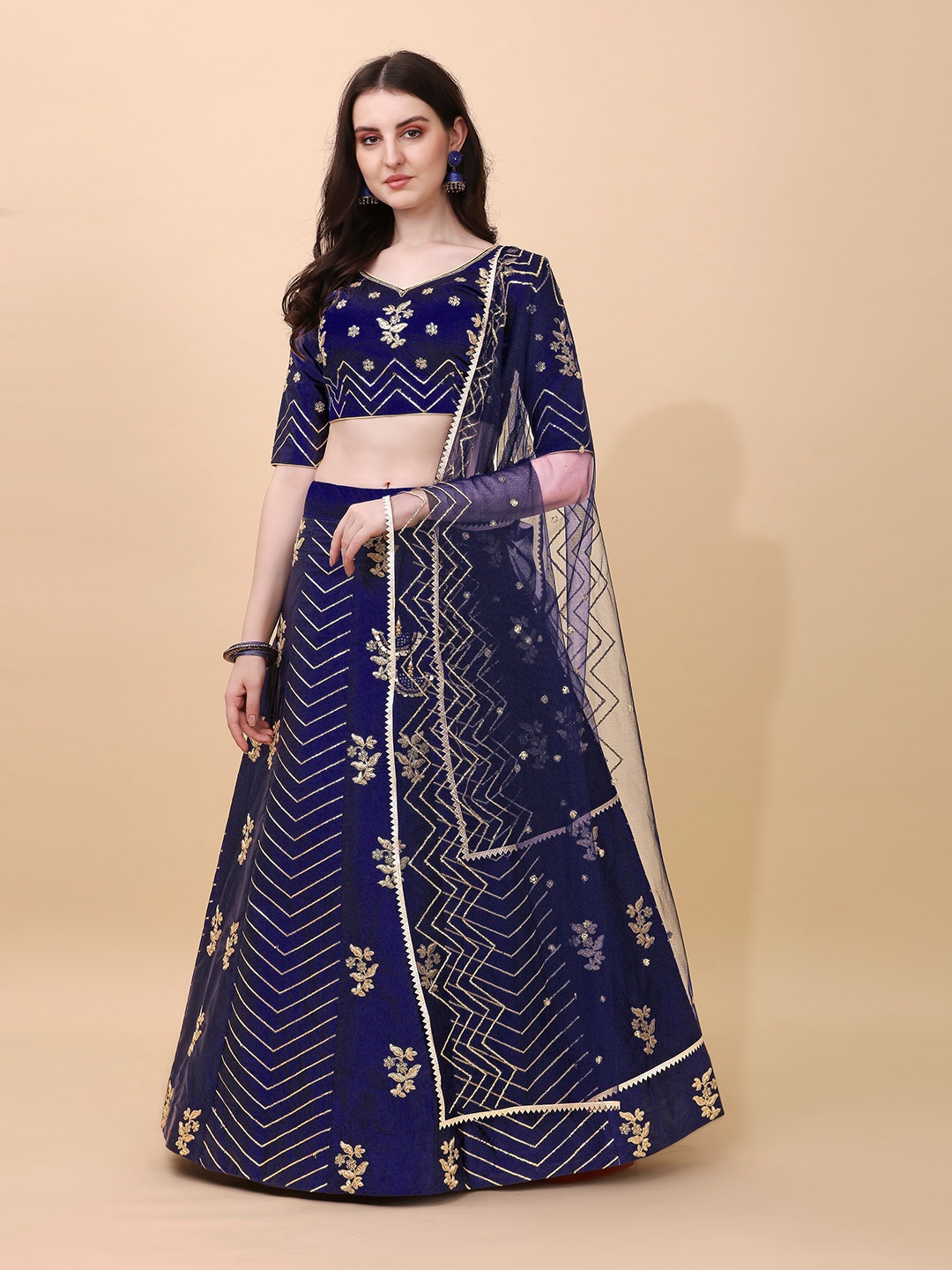 

Sarvayog Fashion Satin Semi Stitched Lehenga Unstitched Choli Embroidred Work With Dupatta, Blue