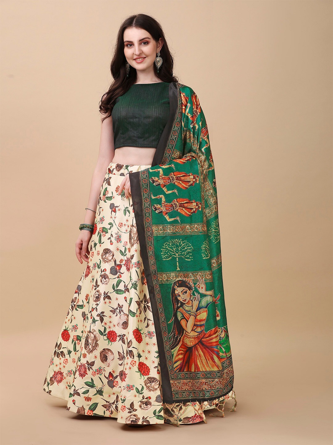 

Sarvayog Fashion Printed Semi-Stitched Lehenga & Unstitched Blouse With Dupatta, Beige