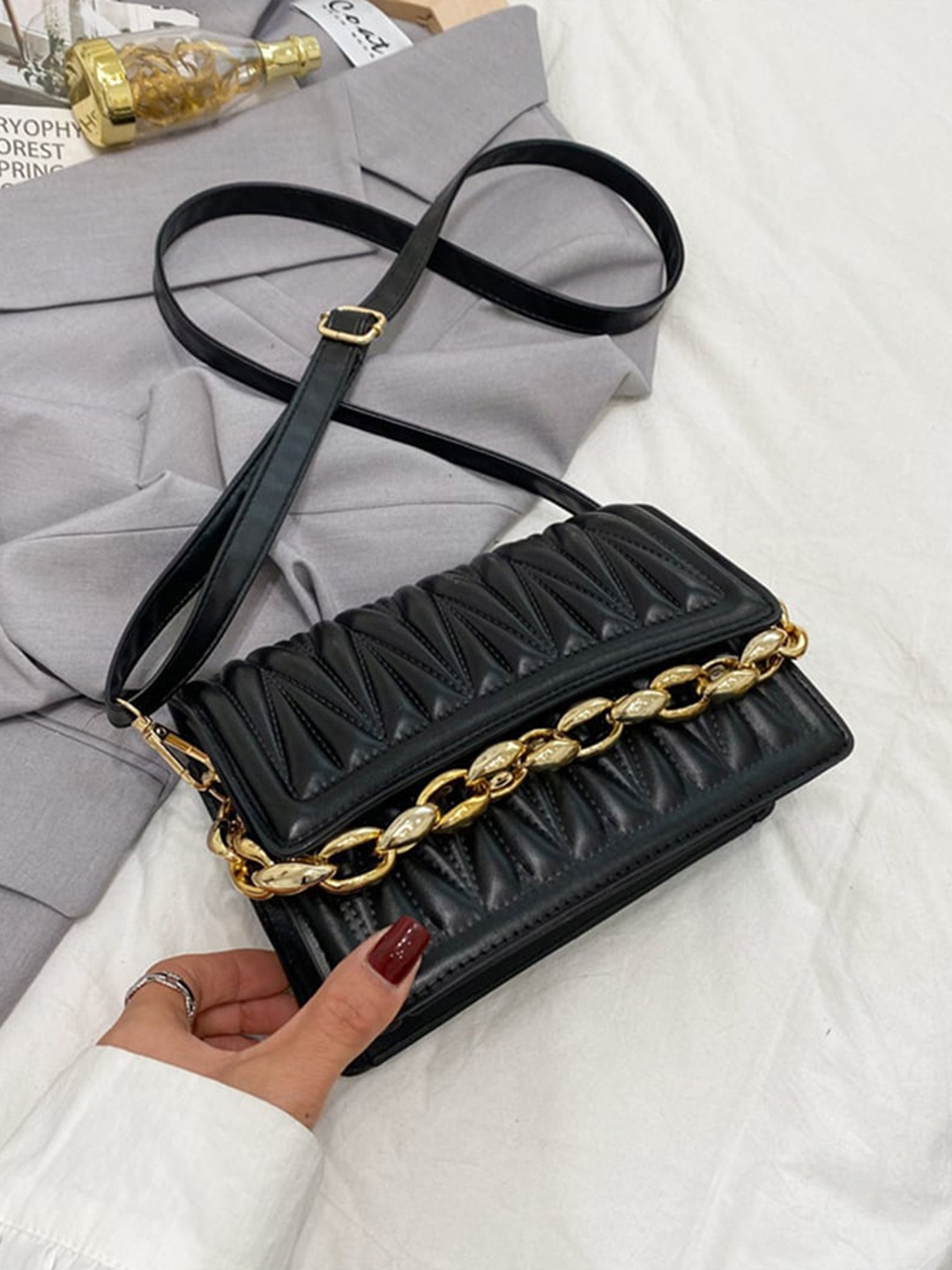 

Angeline Textured Structured Handheld Bag, Black