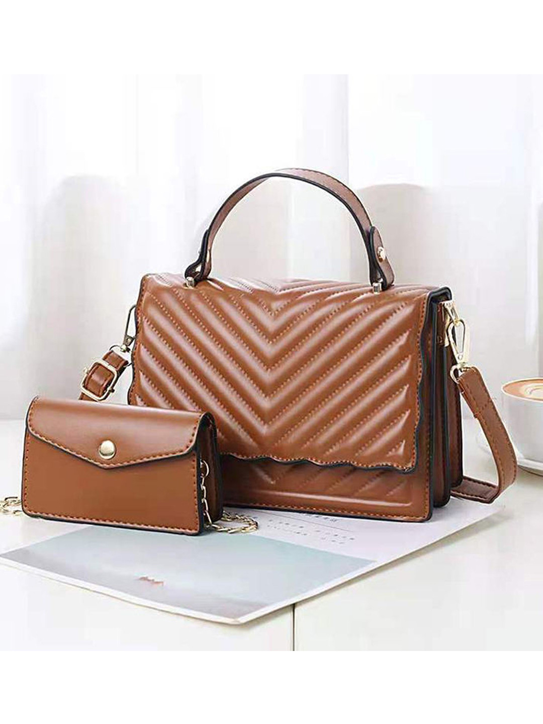 

Angeline Brown Textured Oversized Structured Satchel with Quilted