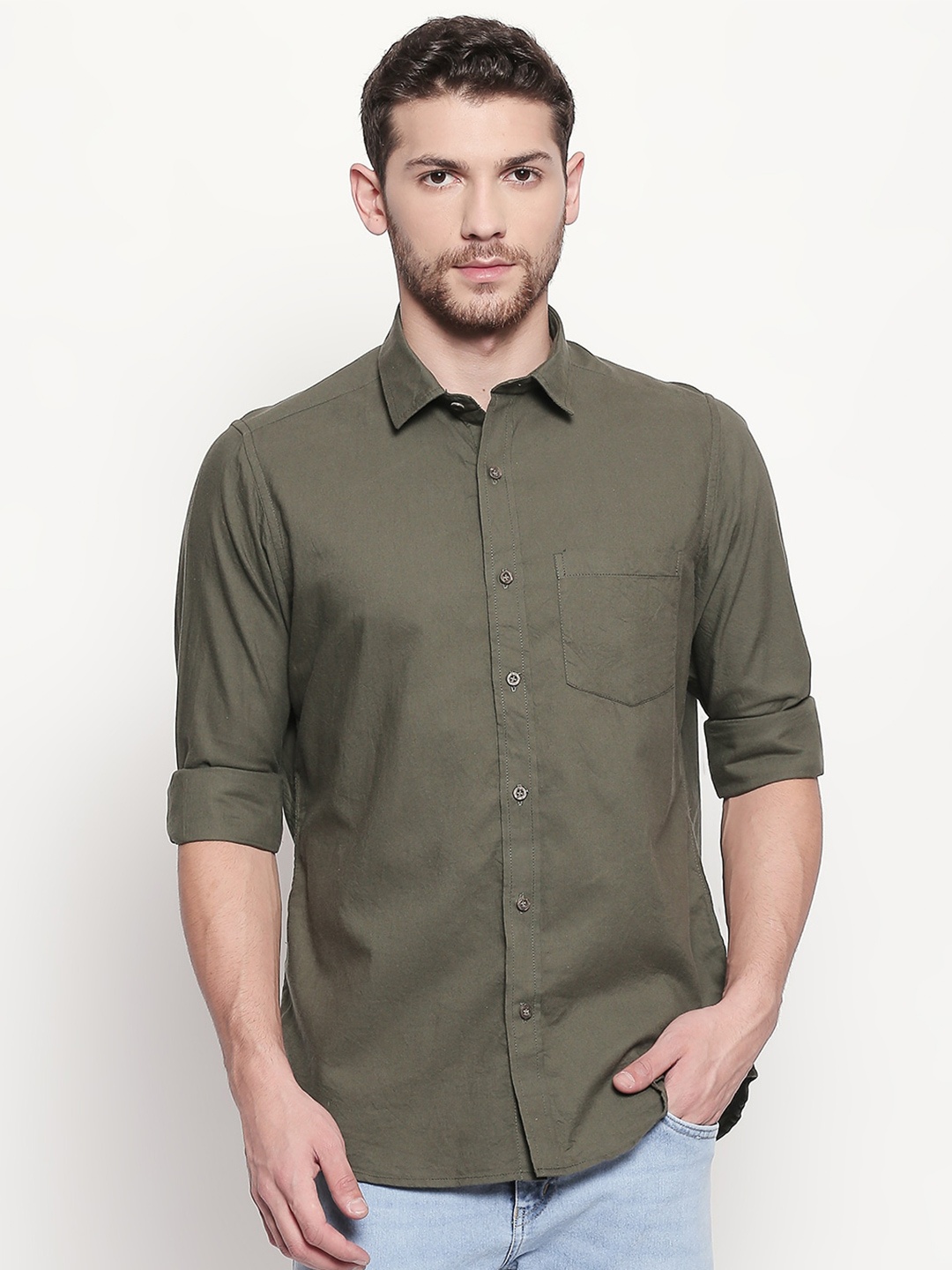 

EVOQ Men Standard Cotton Linen Casual Shirt, Olive
