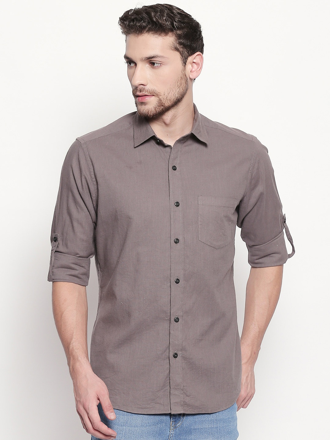 

EVOQ Men Standard Cotton Linen Casual Shirt, Grey