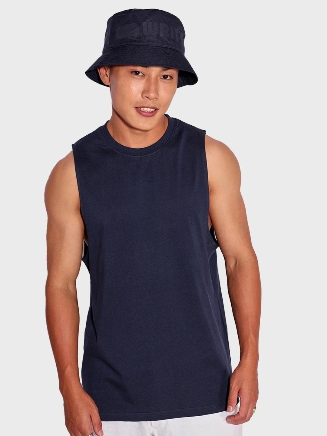 

Bewakoof Men Round Neck Sleeveless Cotton Oversized Fit T-shirt, Blue