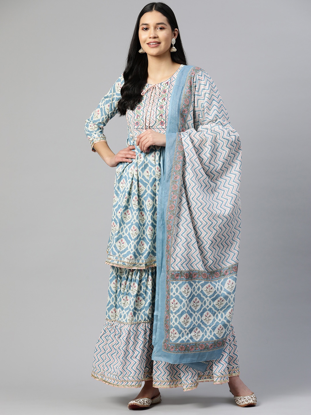 

Vbuyz Floral Embroidered Empire Gotta Patti Pure Cotton Kurta with Sharara & With Dupatta, Blue